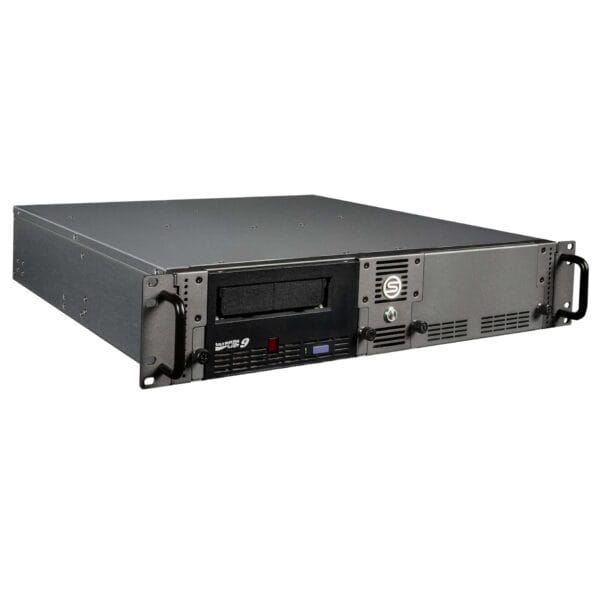SymplyPRO 2U Ethernet rackmount full-height LTO-9 tape drive, angled front view
