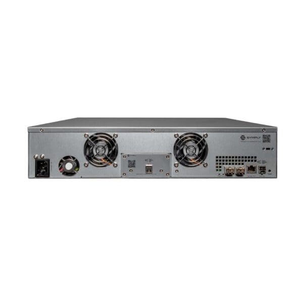 SymplyPRO 2U Ethernet rackmount LTO tape drive, rear view with 10GbE iSCSI and SAS ports