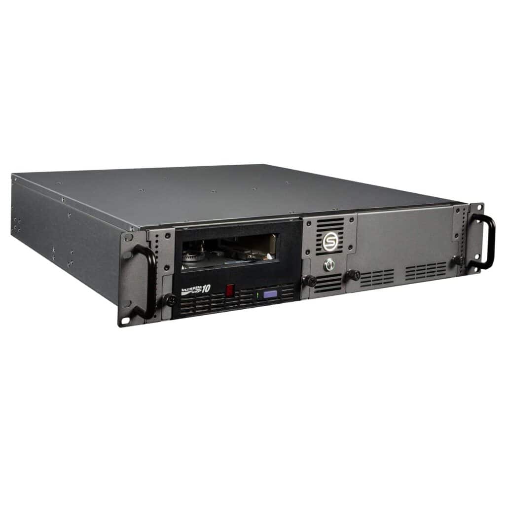 SymplyPRO 2U Thunderbolt rackmount full-height LTO-10 tape drive, angled front view