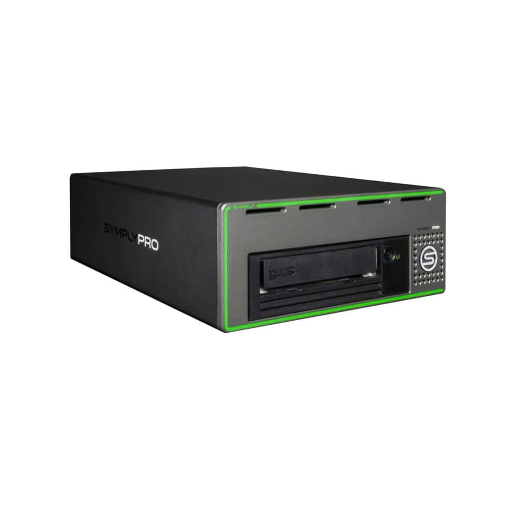 SymplyPRO Thunderbolt desktop LTO tape drive, angled front view