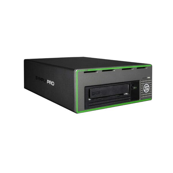 SymplyPRO Thunderbolt desktop LTO tape drive, angled front view