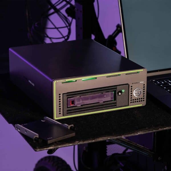 SymplyPRO Thunderbolt LTO tape drive on a mobile production cart