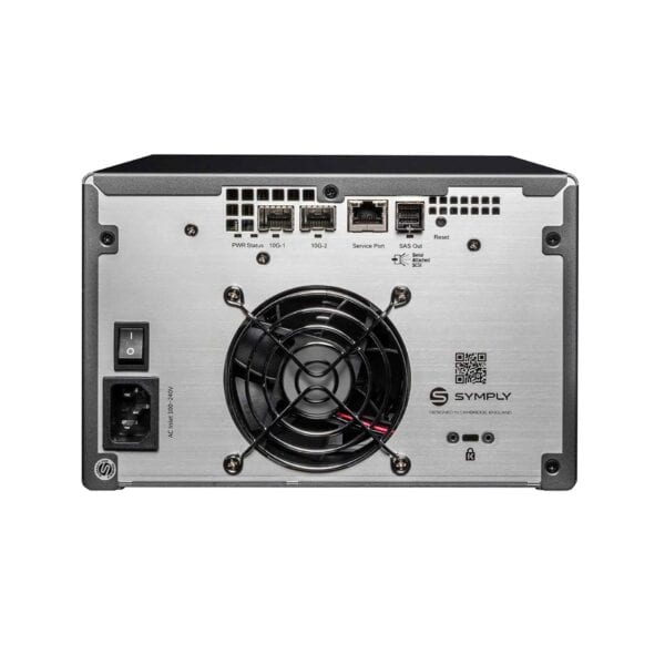 SymplyPRO XTF Ethernet LTO tape drive, rear view with 10GbE iSCSI and SAS ports